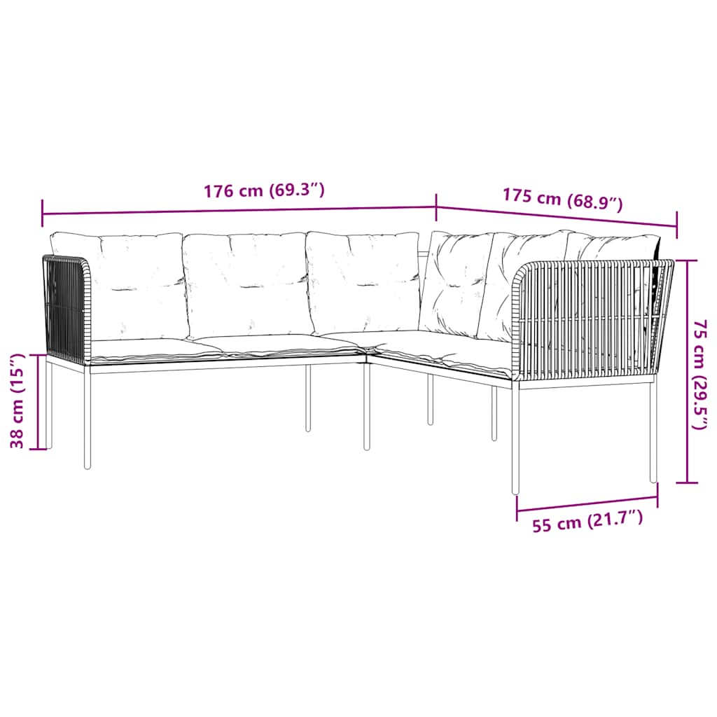 Garden Sofa Set with Cushions Black Steel and Textilene