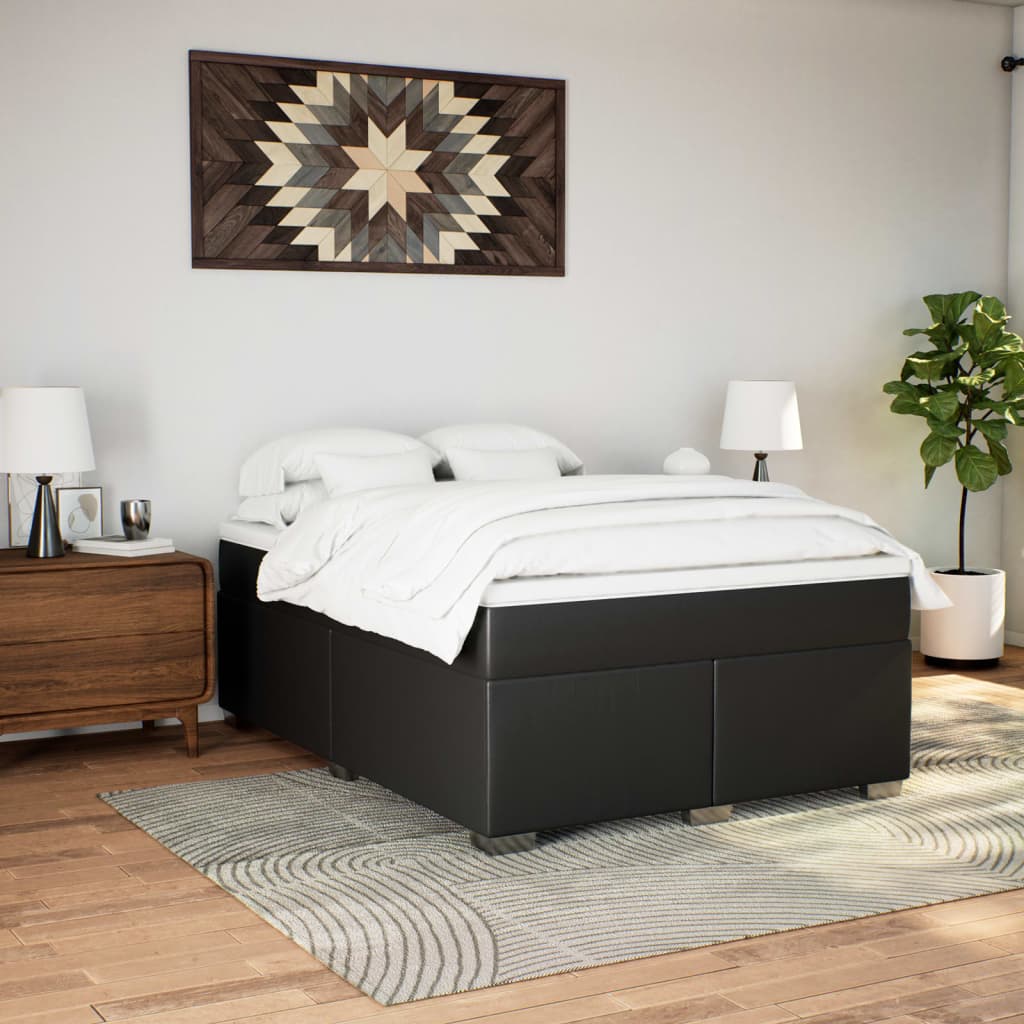 Box Spring Bed with Mattress Black Full Faux Leather