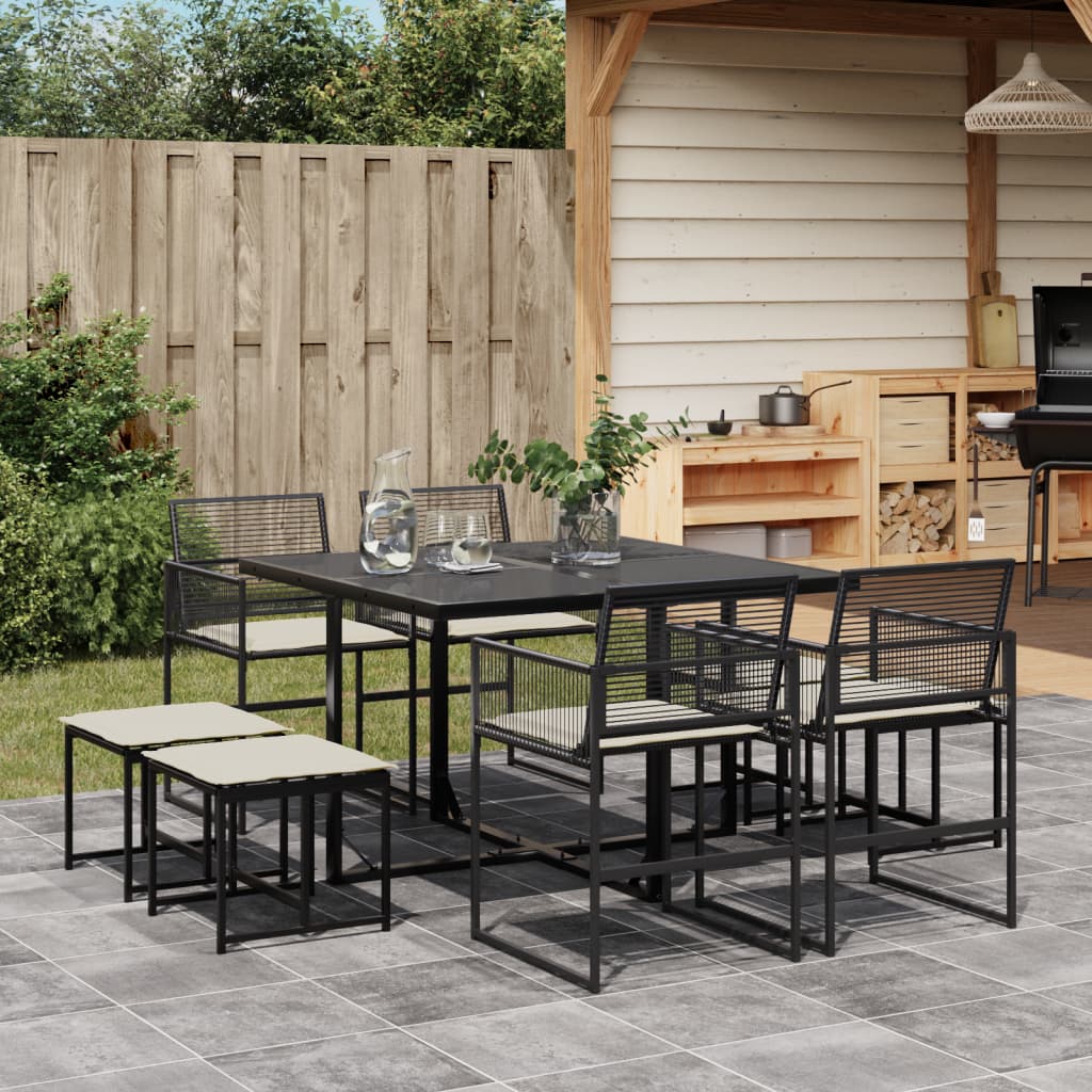 9 Piece Garden Dining Set with Cushions Black Poly Rattan