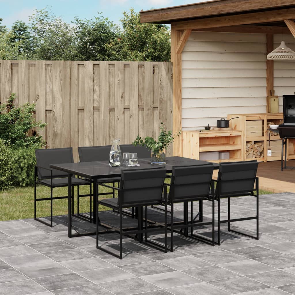 7 Piece Garden Dining Set with Cushions Black Textilene