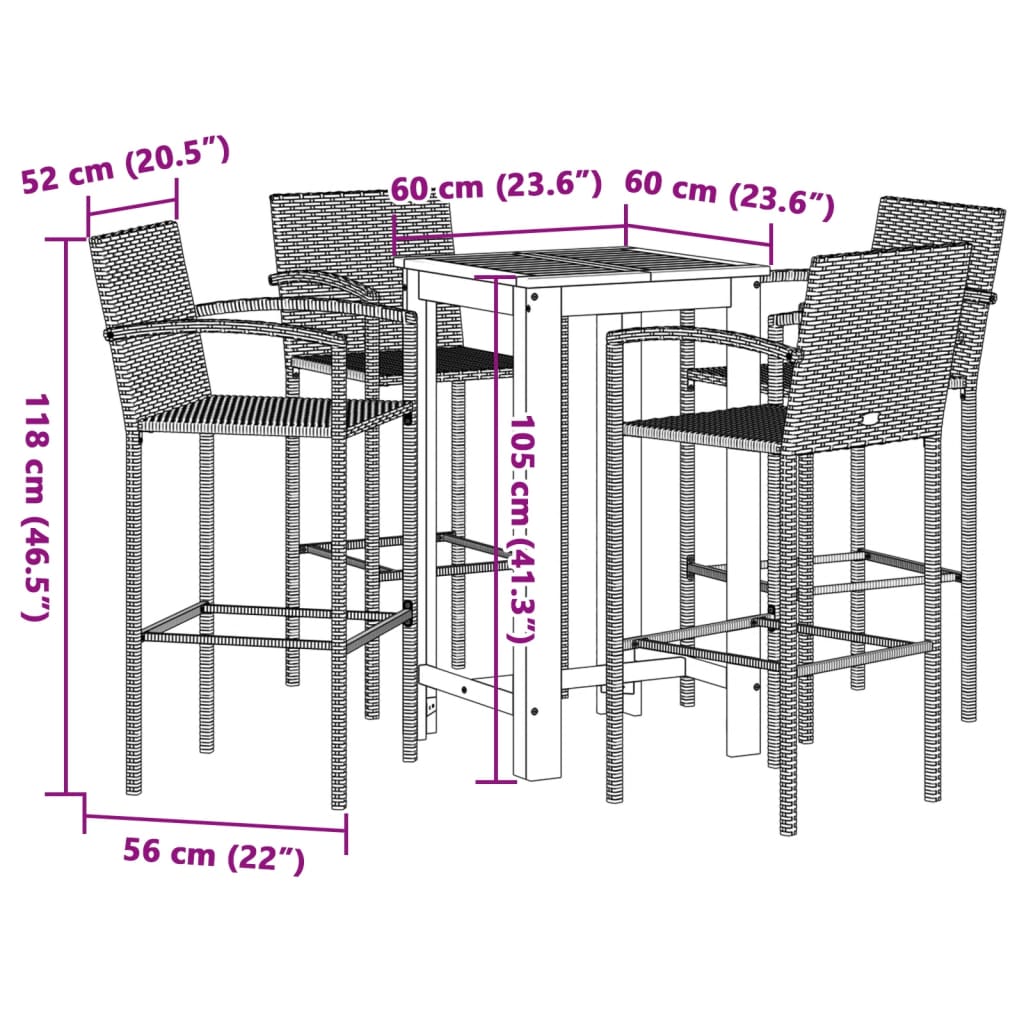 5 Piece Garden Bar Set Brown Solid Wood Acacia and Poly Rattan