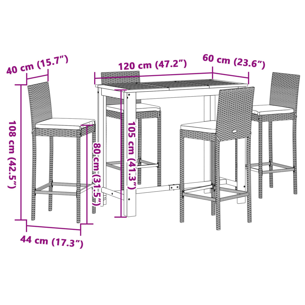 5 Piece Garden Bar Set Black Solid Wood Acacia and Poly Rattan