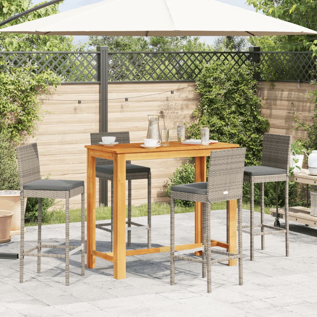 5 Piece Garden Bar Set Grey Solid Wood Acacia and Poly Rattan