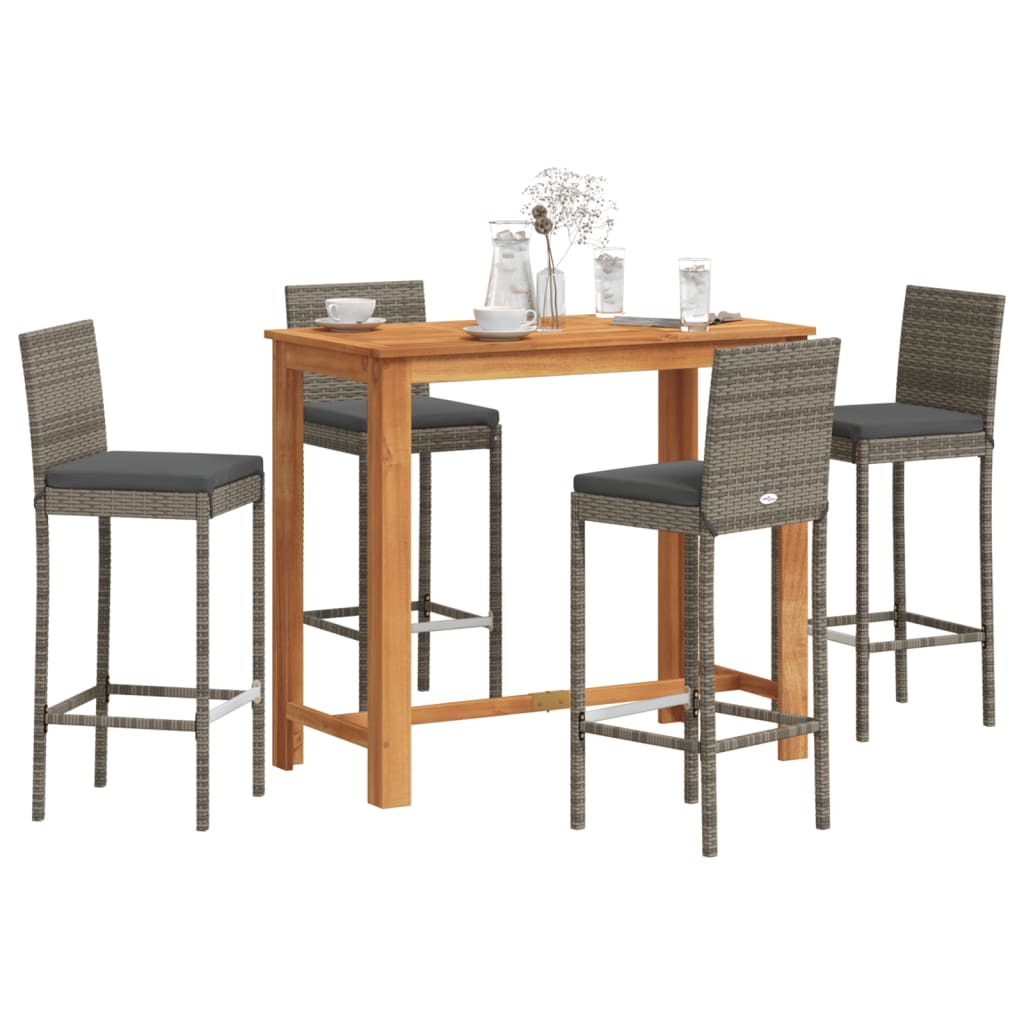 5 Piece Garden Bar Set Grey Solid Wood Acacia and Poly Rattan