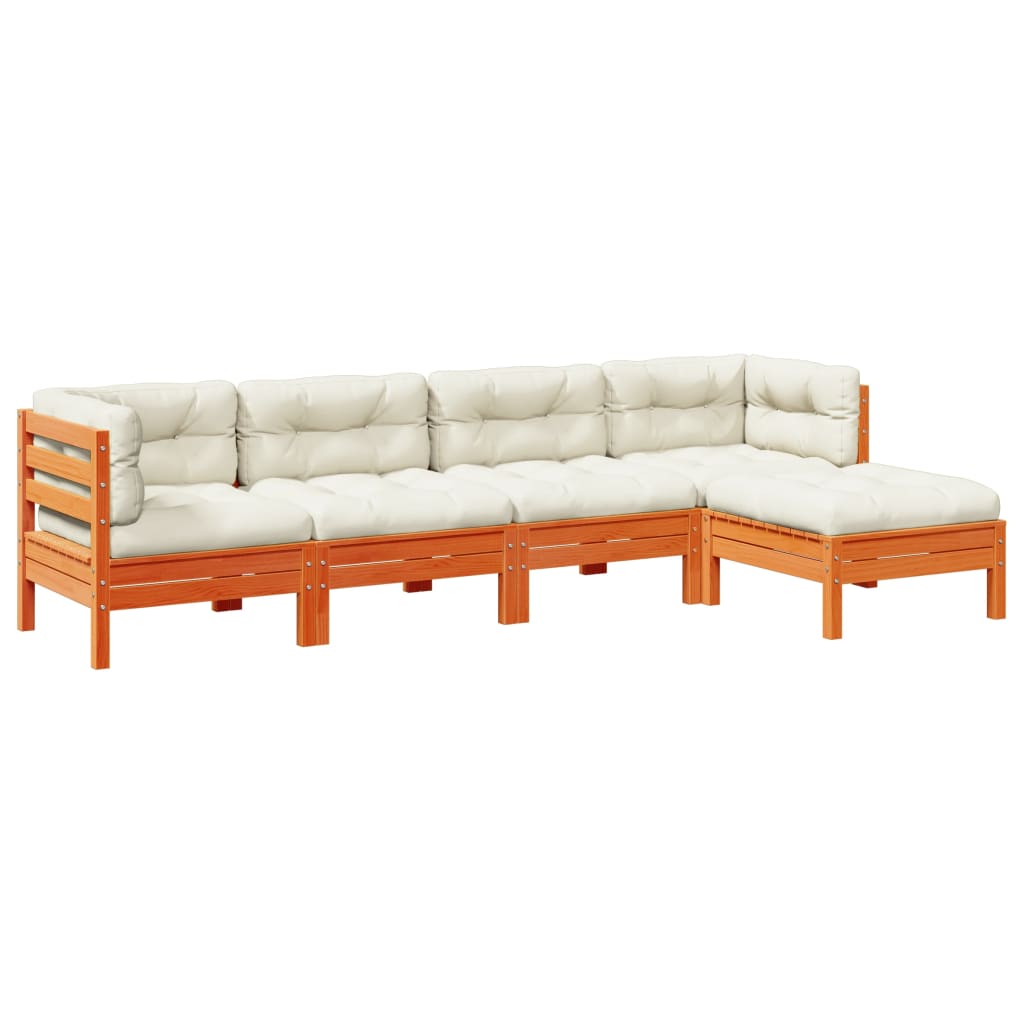 5 Piece Garden Sofa Set with Cushions Wax Brown Solid Wood Pine