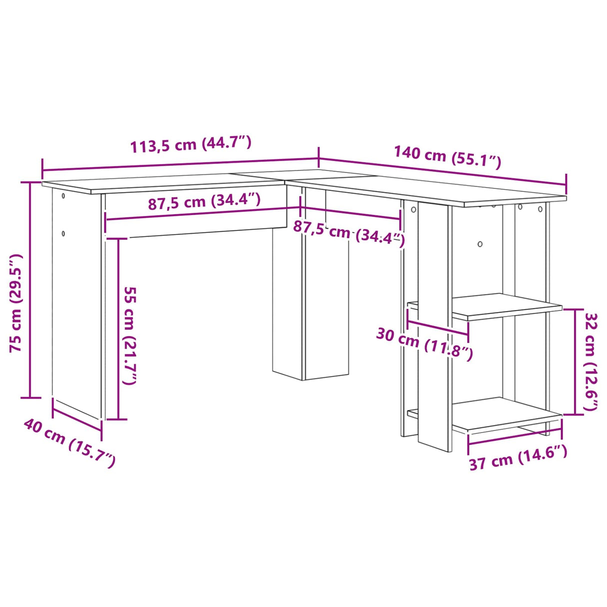 Corner Desk White Engineered Wood 140 x 113,5 x 75 cm