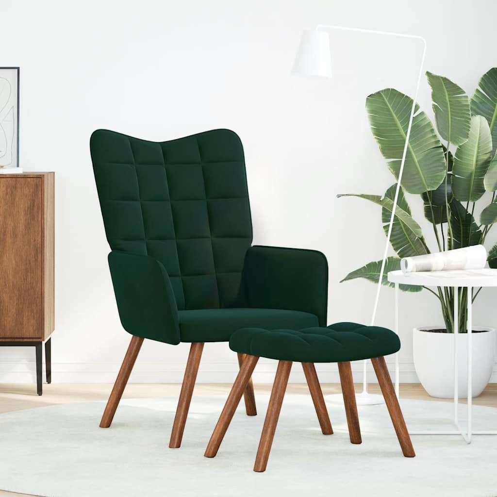 Relaxing Chair with Stool Dark Green Velvet