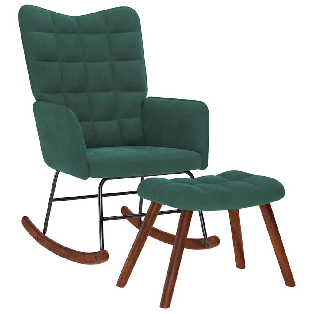 Rocking Chair with Stool Dark Green Velvet
