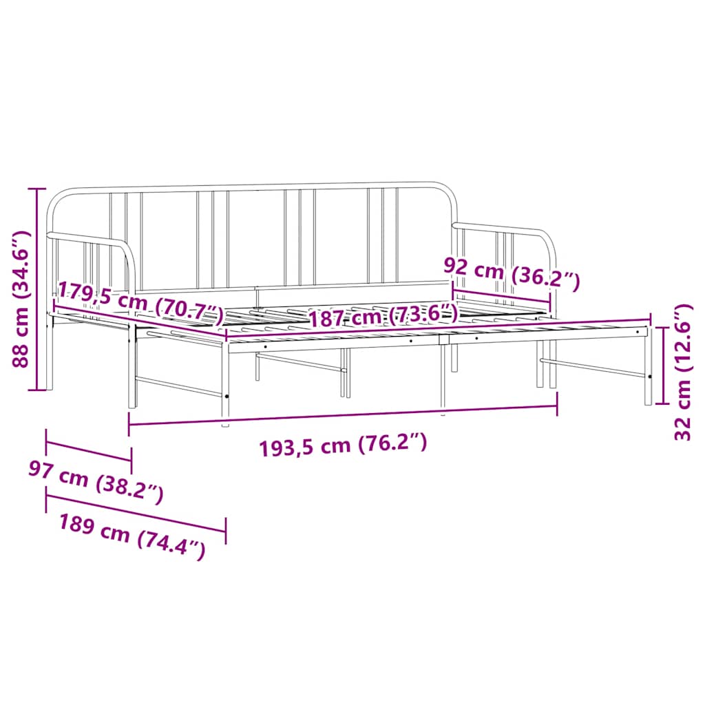 Daybed with Trundle without Mattress Black 92x187 cm Single Metal