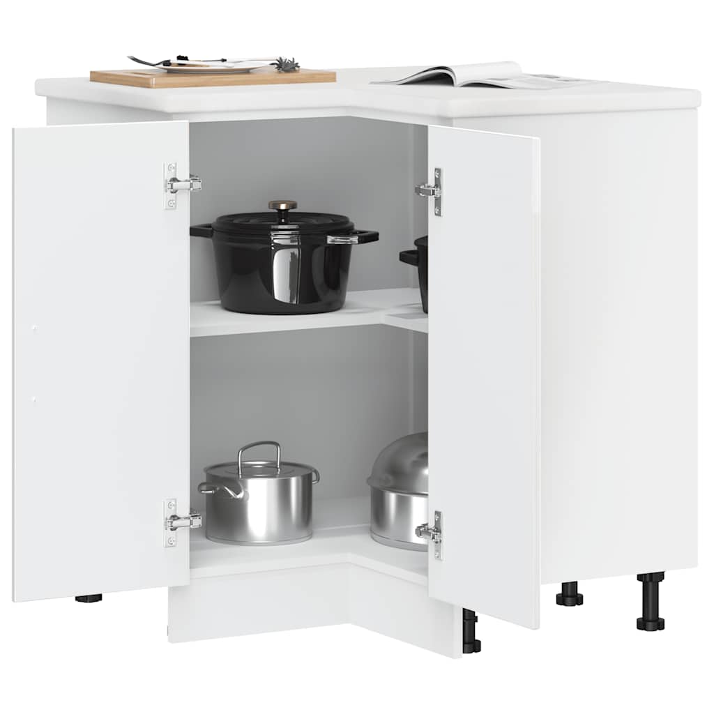 Kitchen Corner Base Cabinet "Kalmar" High Gloss White Engineered Wood