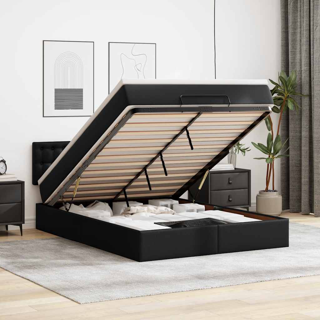 Ottoman Bed with Mattress Black Queen Faux Leather