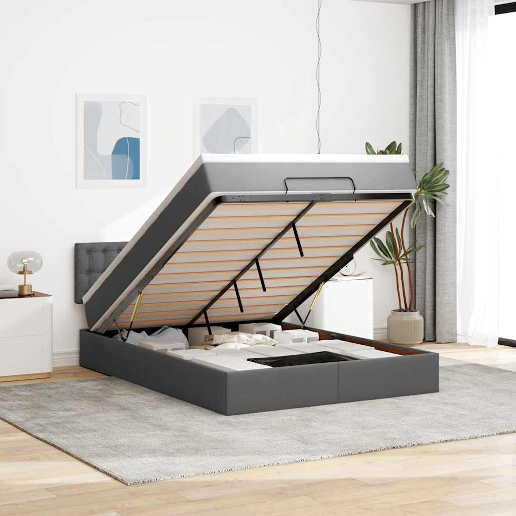 Ottoman Bed with Mattress & LEDs Dark Grey Double Fabric