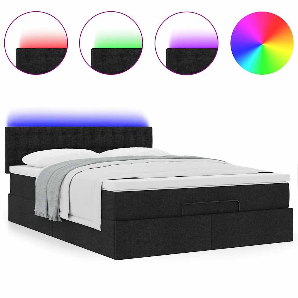 Ottoman Bed with Mattress & LEDs Black Queen Fabric