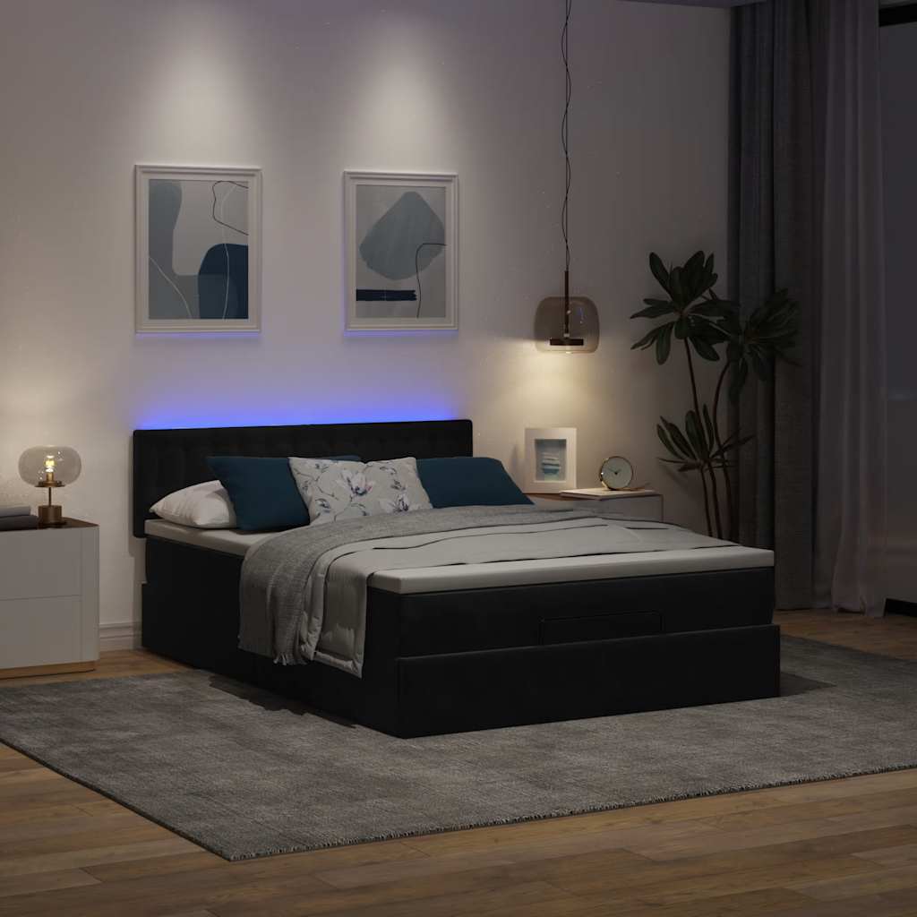 Ottoman Bed with Mattress & LEDs Black Queen Velvet