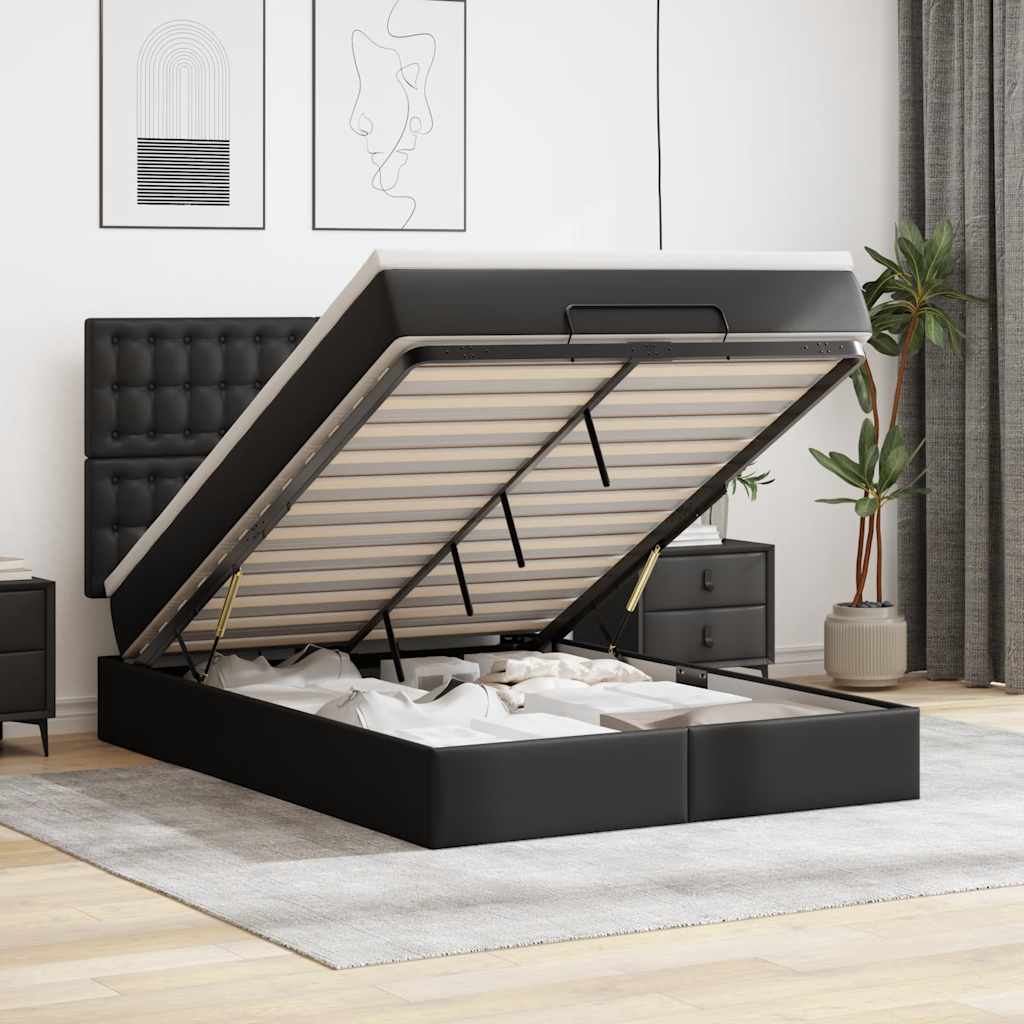 Ottoman Bed with Mattress Black Queen Faux Leather