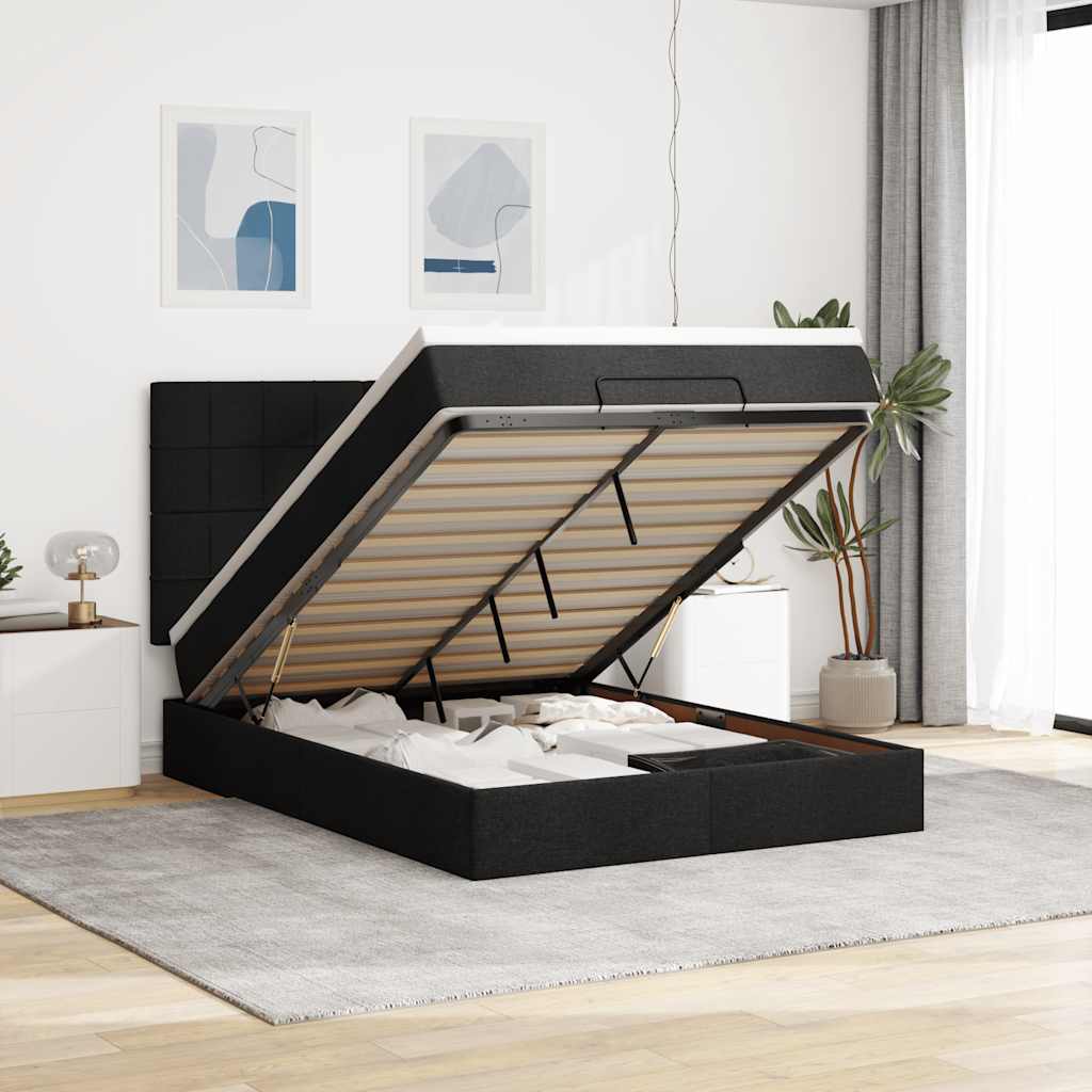 Ottoman Bed with Mattress Black Queen Fabric