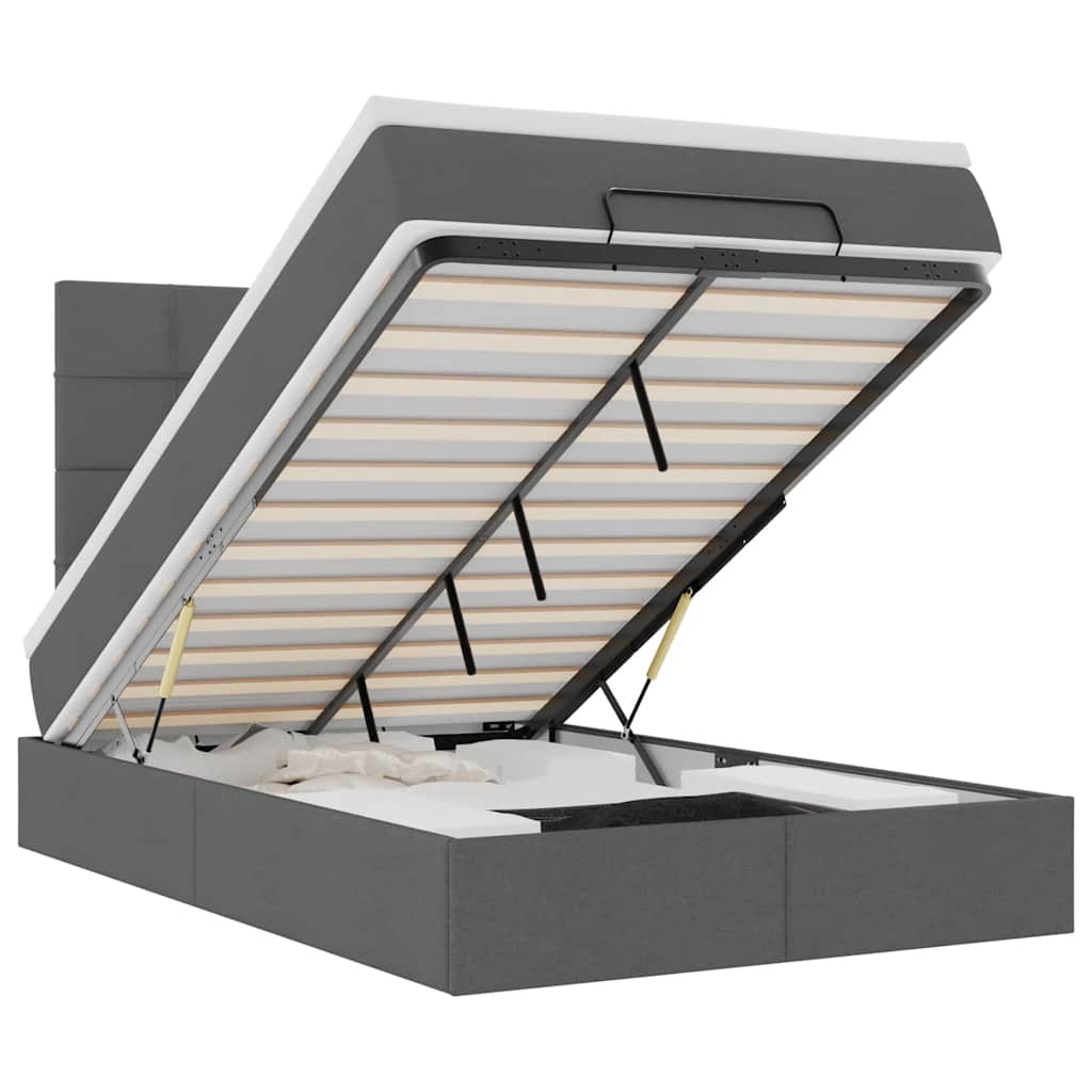Ottoman Bed with Mattress & LEDs Dark Grey King Single Fabric