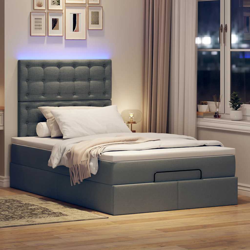 Ottoman Bed with Mattress & LEDs Dark Grey King Single Fabric