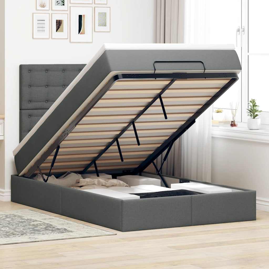 Ottoman Bed with Mattress & LEDs Dark Grey King Single Fabric