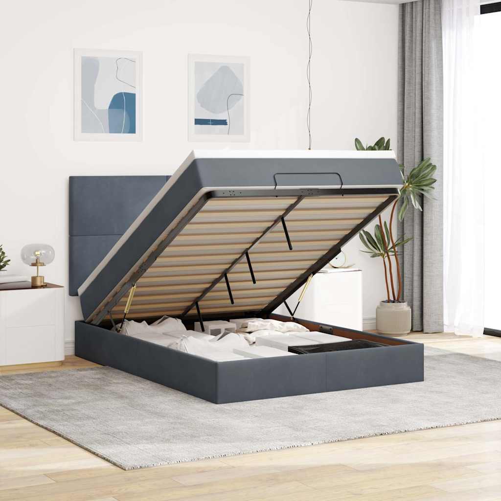 Ottoman Bed with Mattresses & LEDs Dark Grey Double Velvet