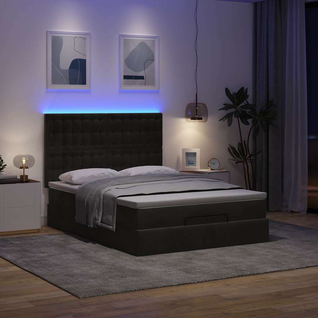 Ottoman Bed with Mattresses & LEDs Black Queen Velvet
