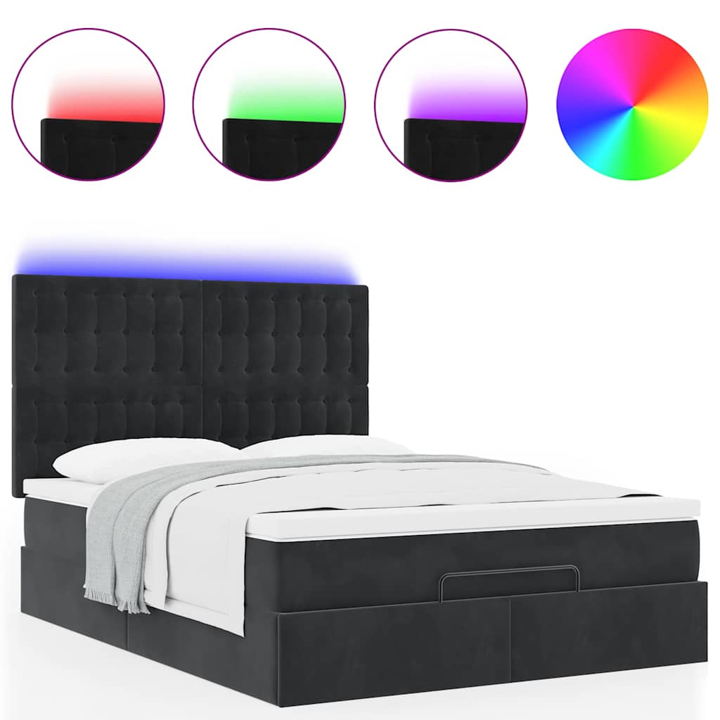Ottoman Bed with Mattresses & LEDs Black Queen Velvet