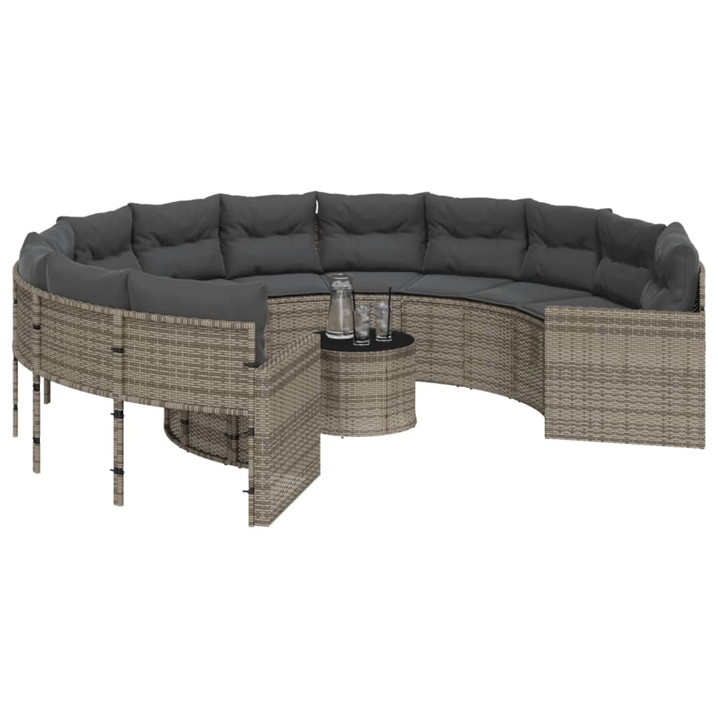Garden Sofa with Table and Cushions Round Grey Poly Rattan