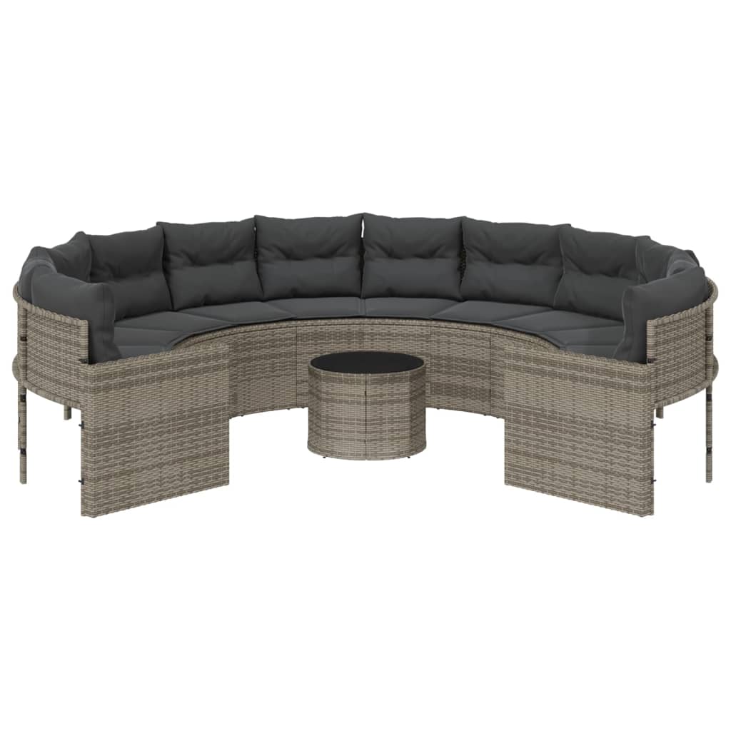 Garden Sofa with Table and Cushions Round Grey Poly Rattan