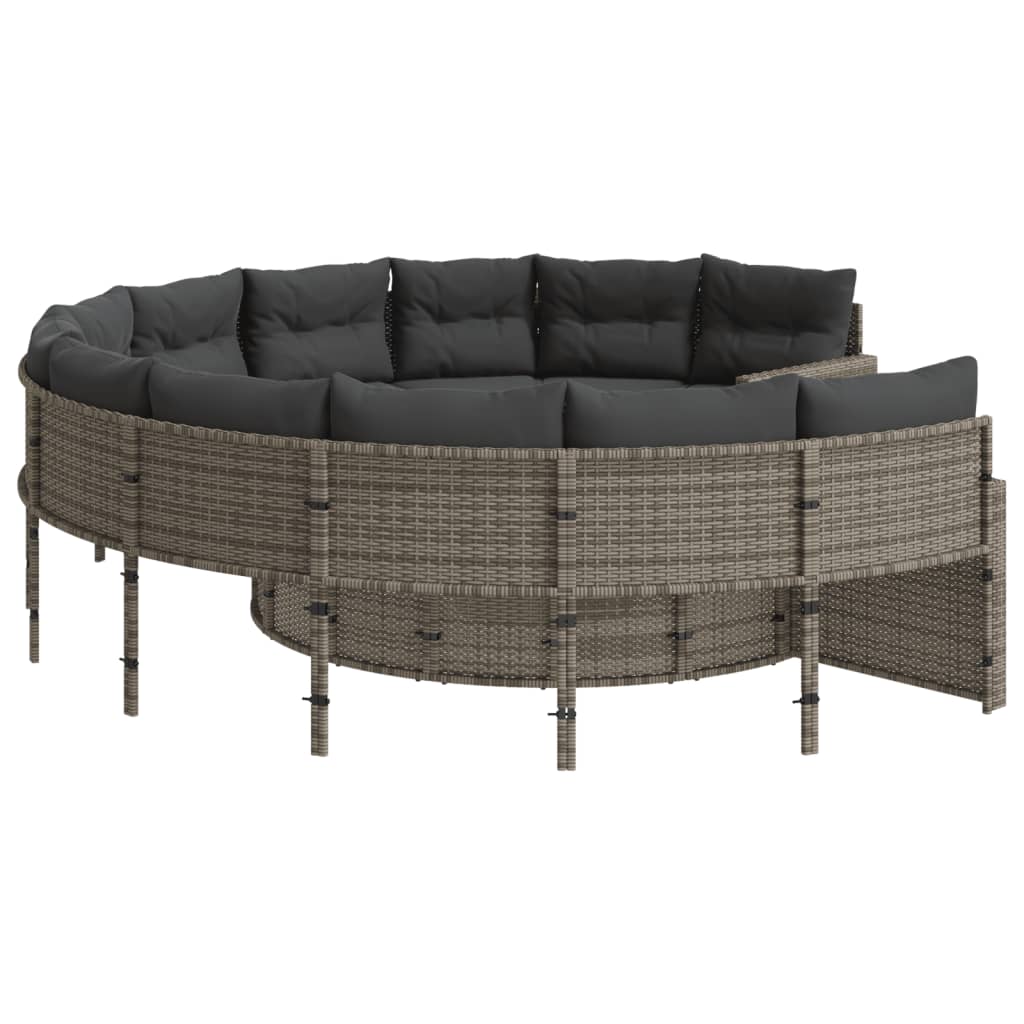 Garden Sofa with Table and Cushions Round Grey Poly Rattan