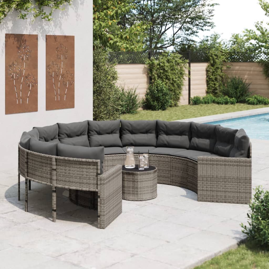 Garden Sofa with Table and Cushions Round Grey Poly Rattan