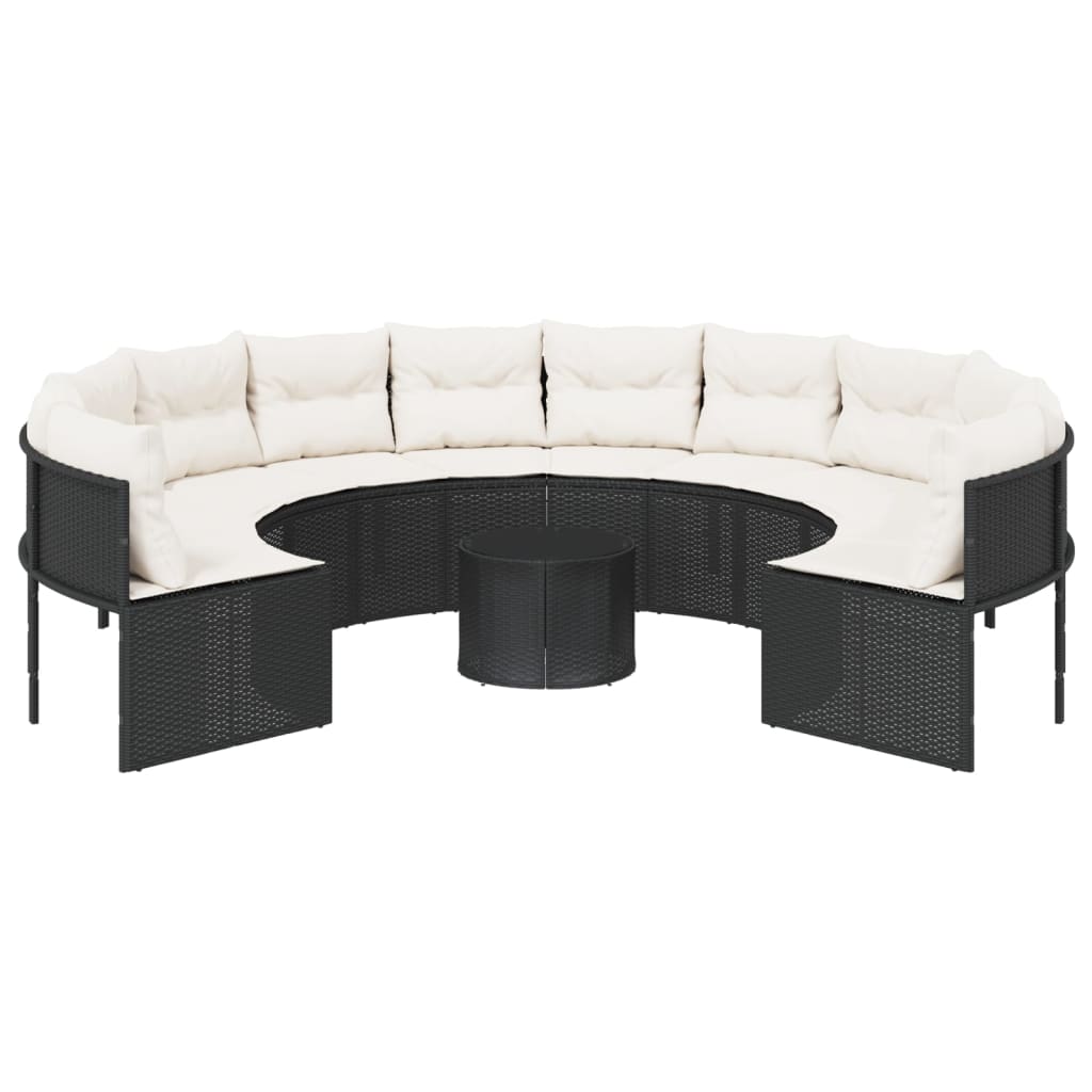 Garden Sofa with Table and Cushions Round Black Poly Rattan