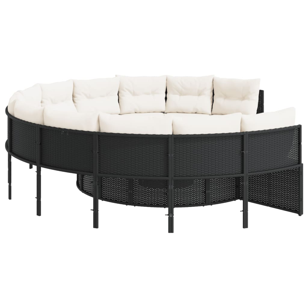 Garden Sofa with Table and Cushions Round Black Poly Rattan