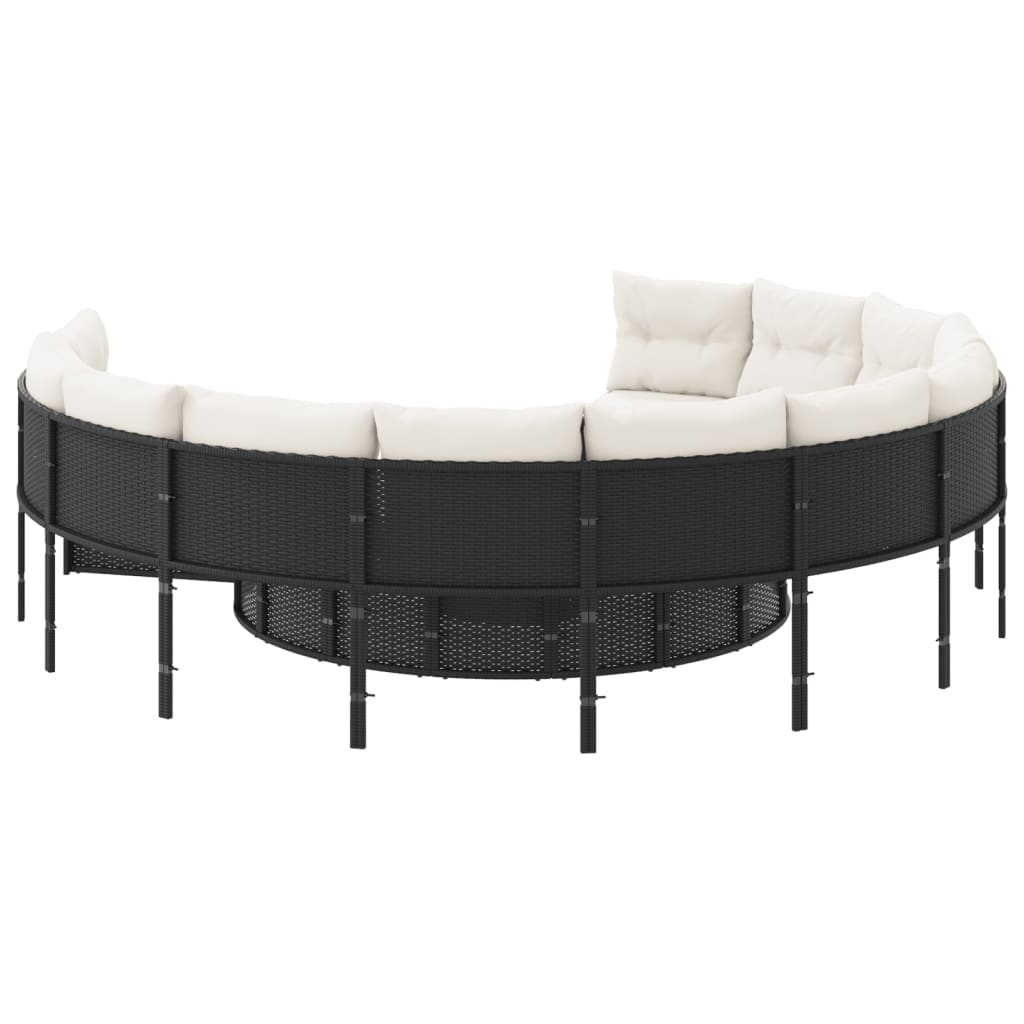 Garden Sofa with Table and Cushions Round Black Poly Rattan