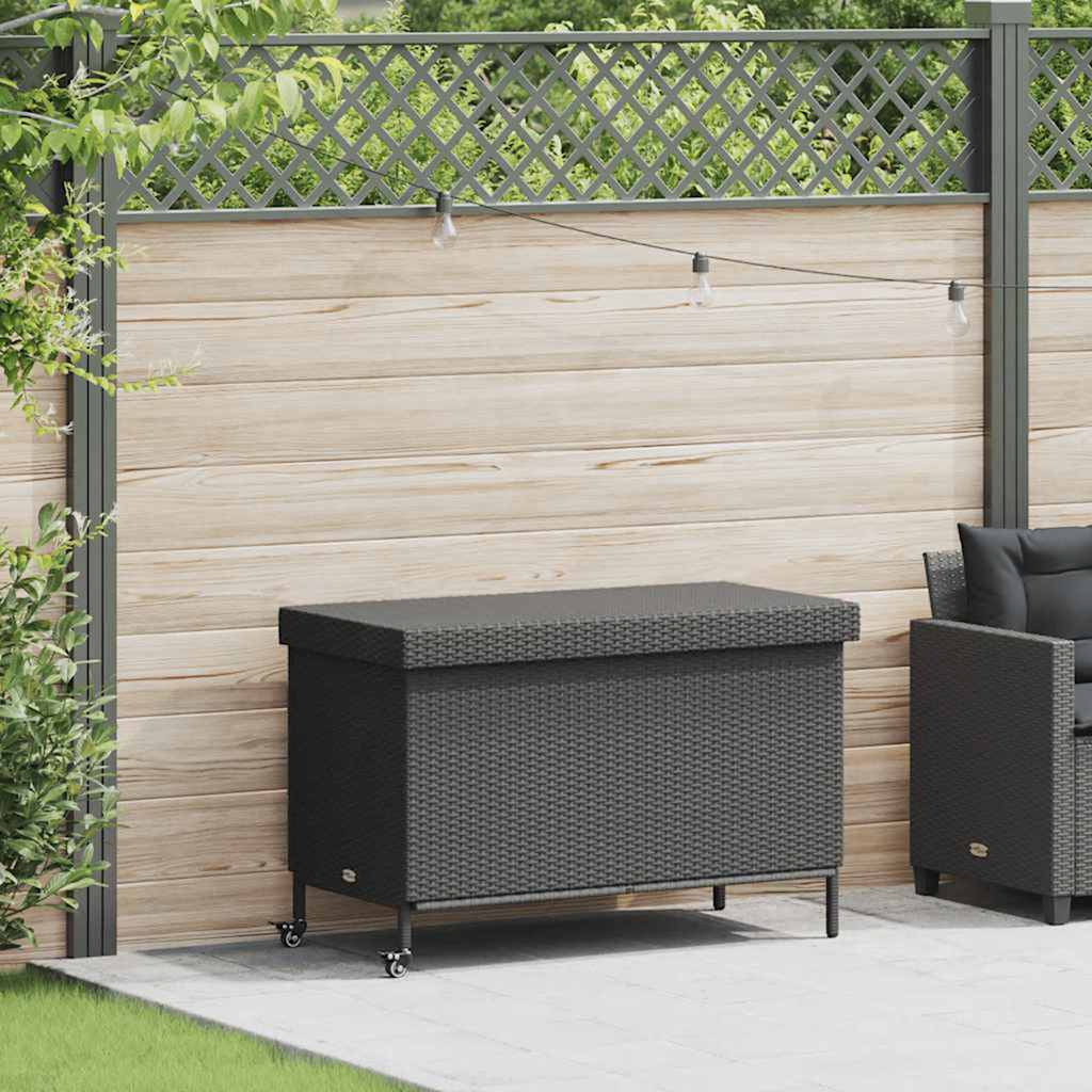 Garden Storage Box with Wheels Black 110x55x73 cm Poly Rattan