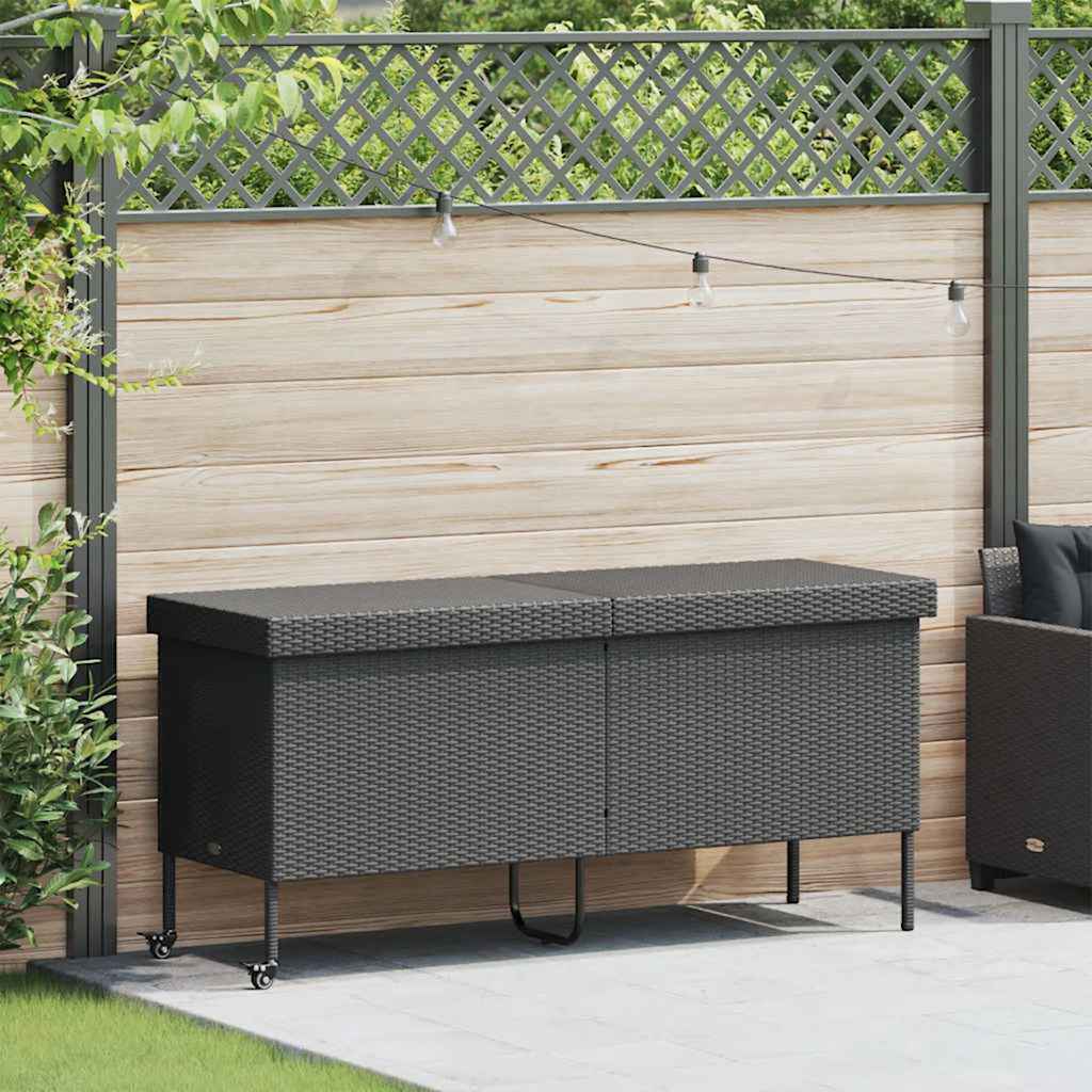 Garden Storage Box with Wheels Black 160x55x75 cm Poly Rattan