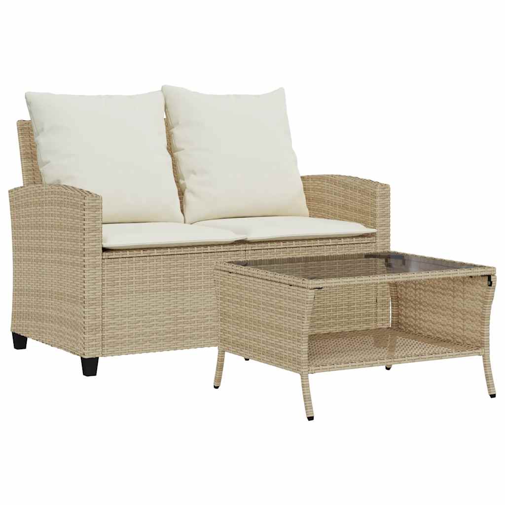 Garden Sofa 2-Seater with Cushions&Table Beige Poly Rattan