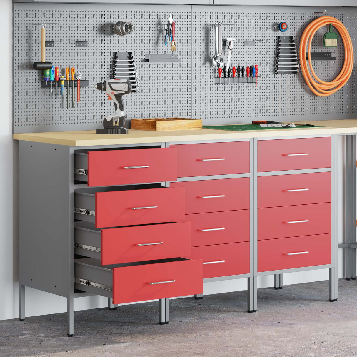 Work Cabinet with Drawer 3 pcs Red and Grey 150 x 55 x 85 cm
