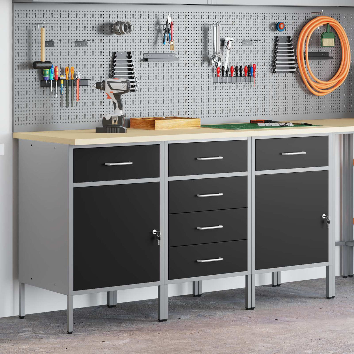 Work Cabinet with Drawer 3 pcs Black and Grey 150 x 55 x 85 cm
