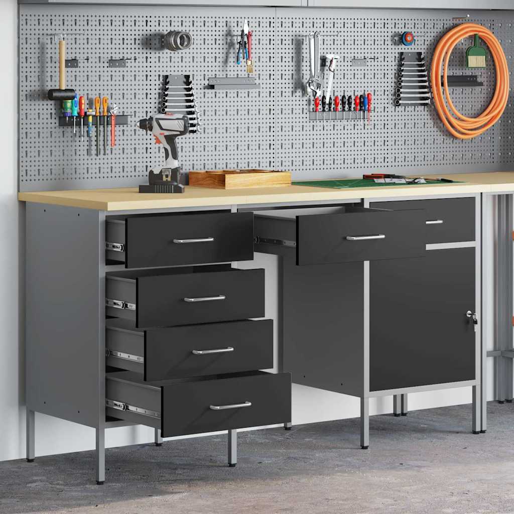 Work Cabinet with Drawer 3 pcs Black Engineered wood and steel