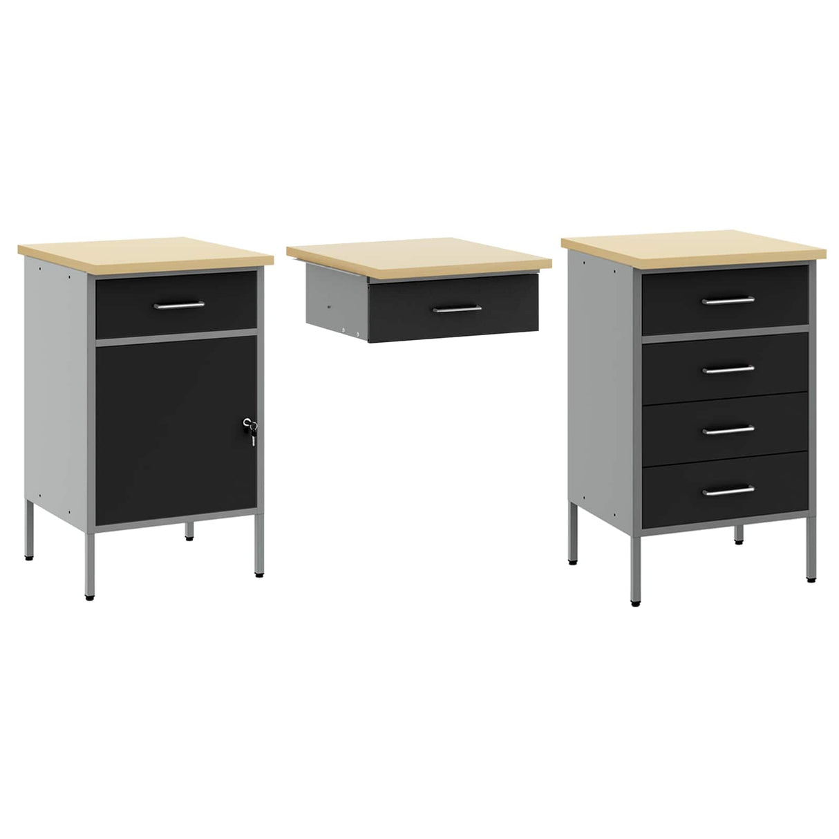 Work Cabinet with Drawer 3 pcs Black Engineered wood and steel