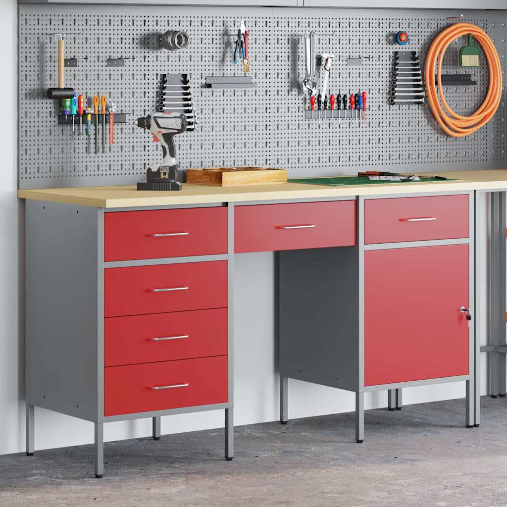 Work Cabinet with Drawer 3 pcs Red Engineered wood and steel