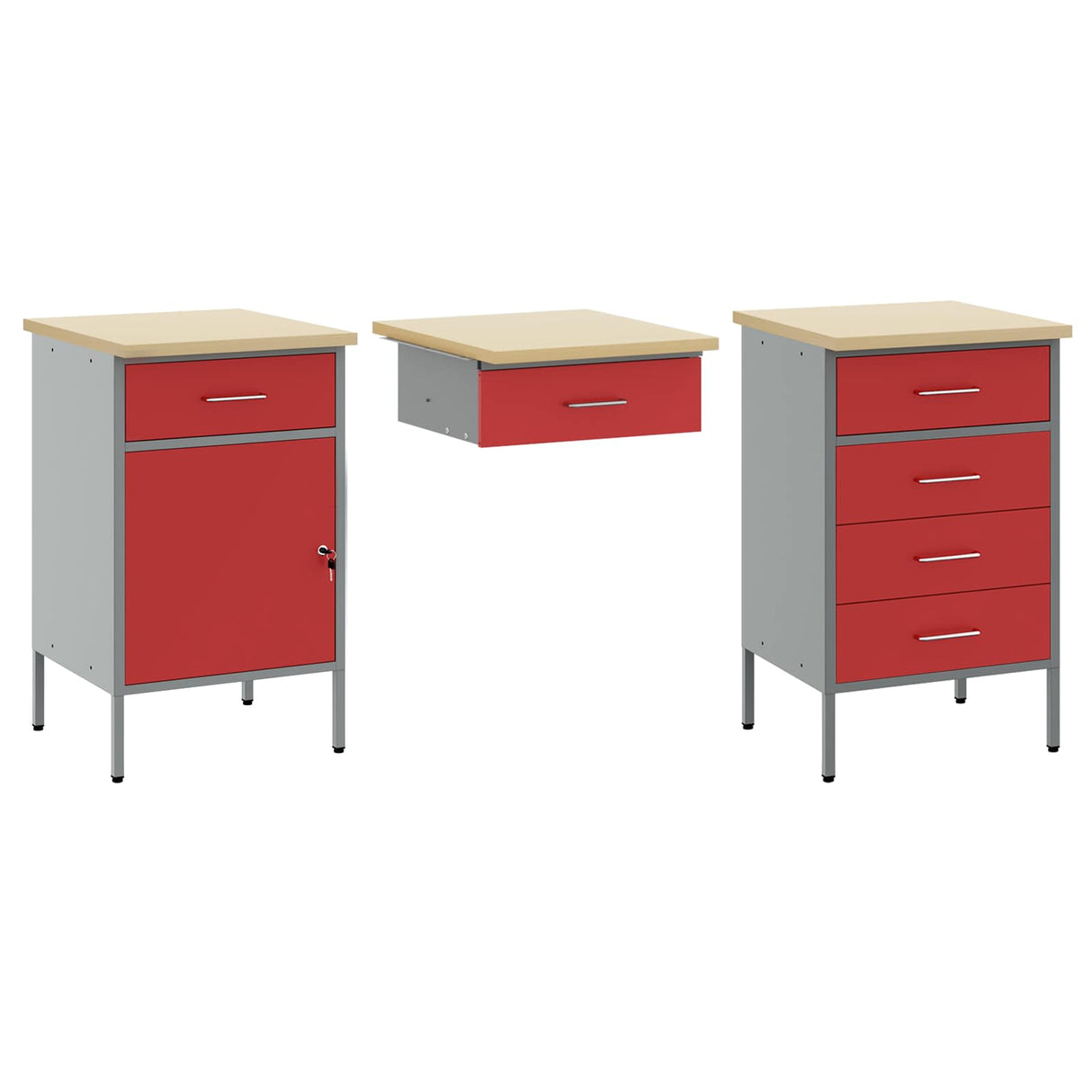 Work Cabinet with Drawer 3 pcs Red Engineered wood and steel