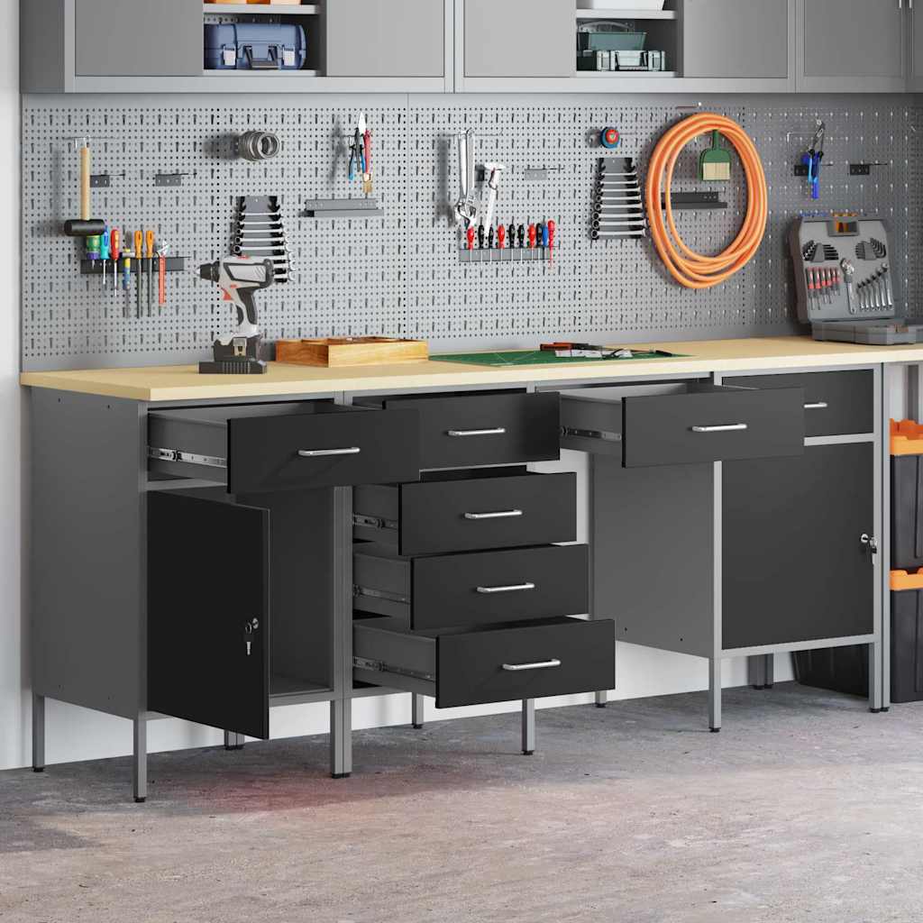 Work Cabinet with Drawer 4 pcs Black Engineered wood and steel