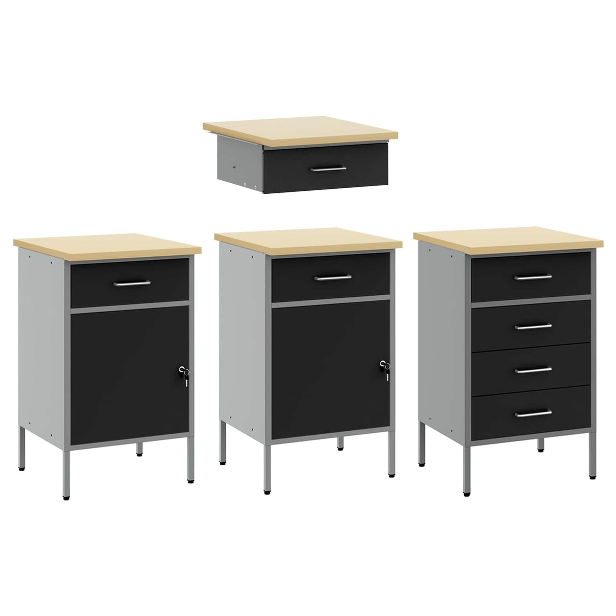 Work Cabinet with Drawer 4 pcs Black Engineered wood and steel