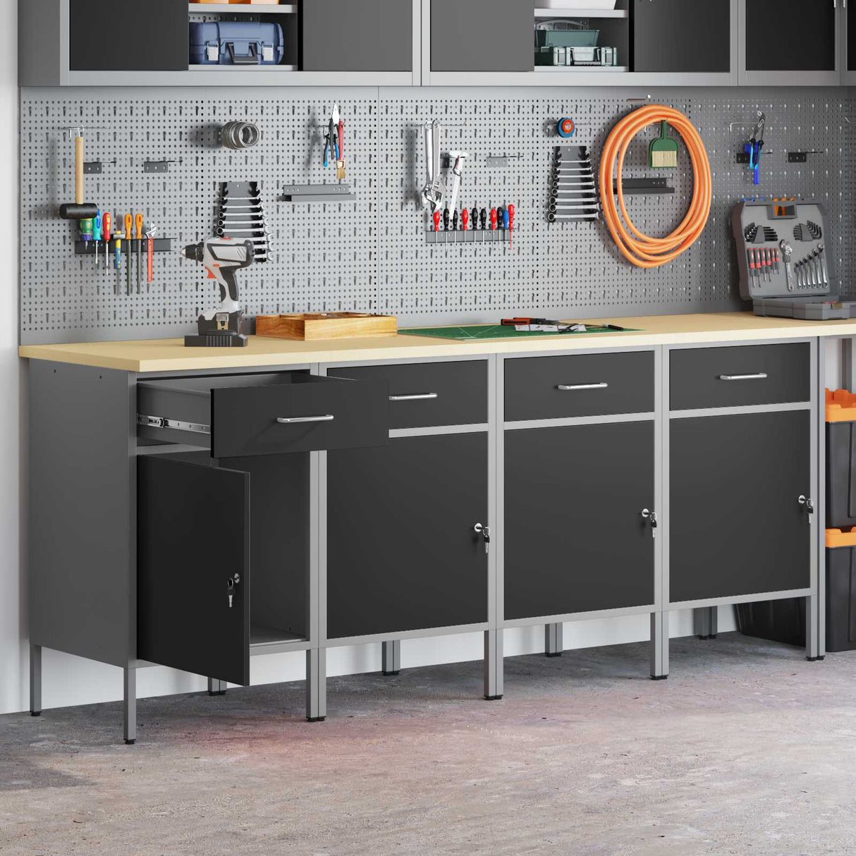 Work Cabinet with Drawer 4 pcs Black and Grey 200 x 55 x 85 cm