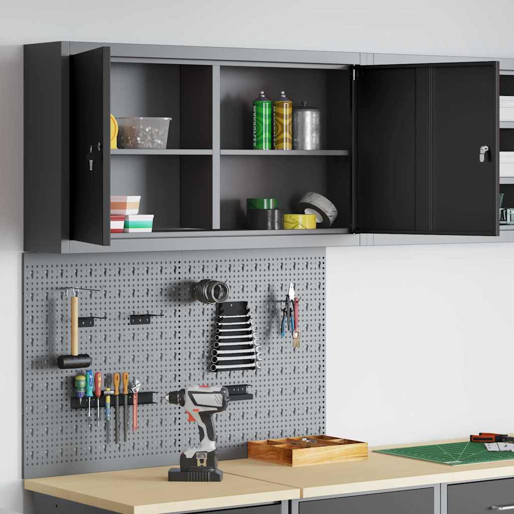 Tool Cabinet Set with Shelf 3 pcs Black Powder-Coated Steel