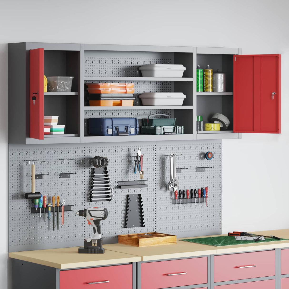Tool Cabinet Set with Shelf 4 pcs Red Powder-Coated Steel