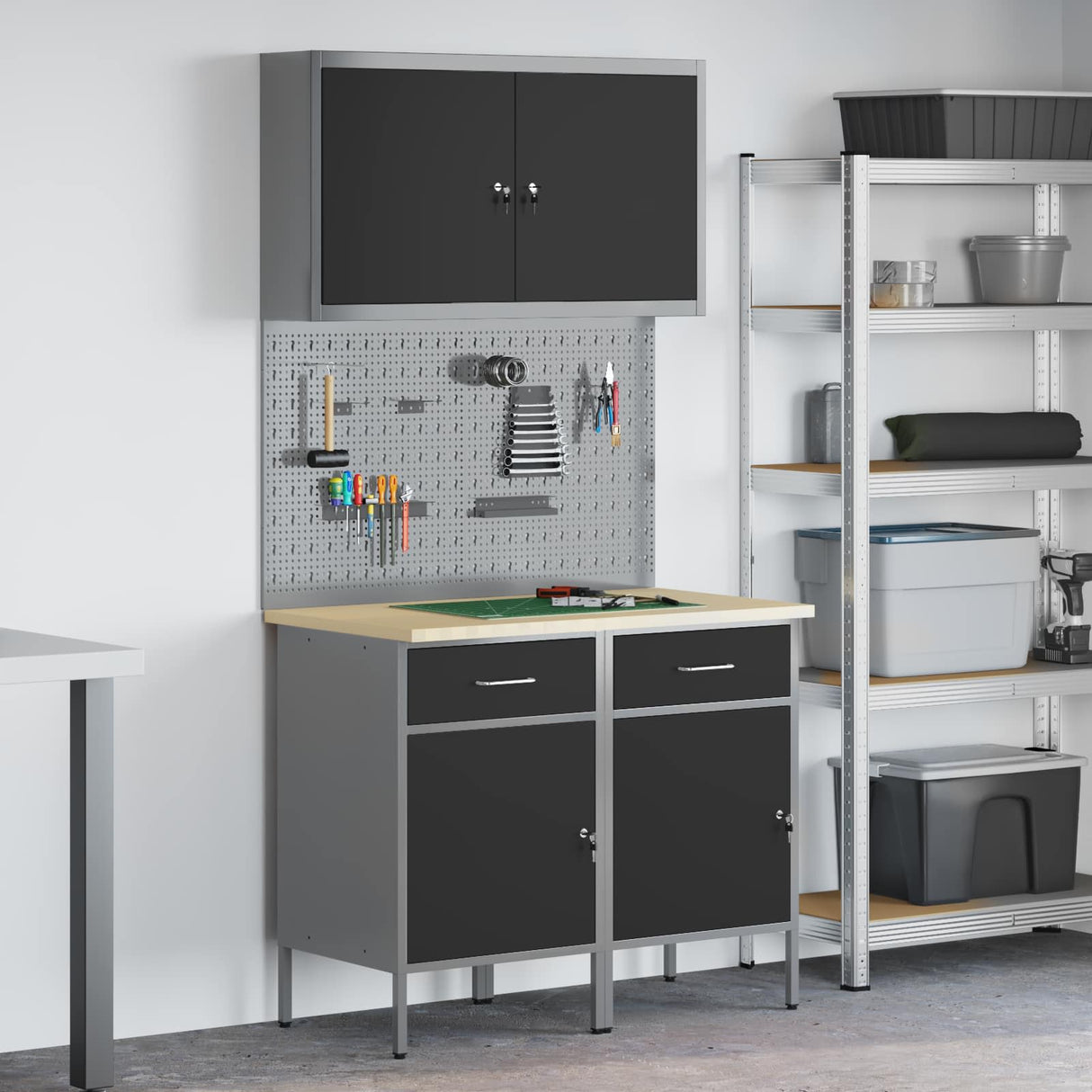 Work Cabinet with Drawer 5 pcs Black Engineered wood and steel