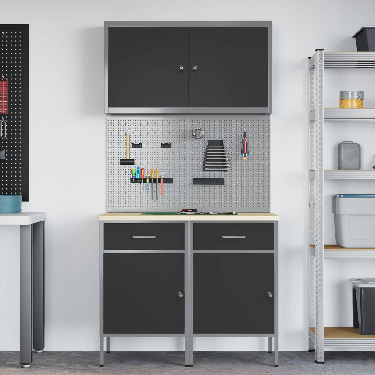 Work Cabinet with Drawer 5 pcs Black Engineered wood and steel