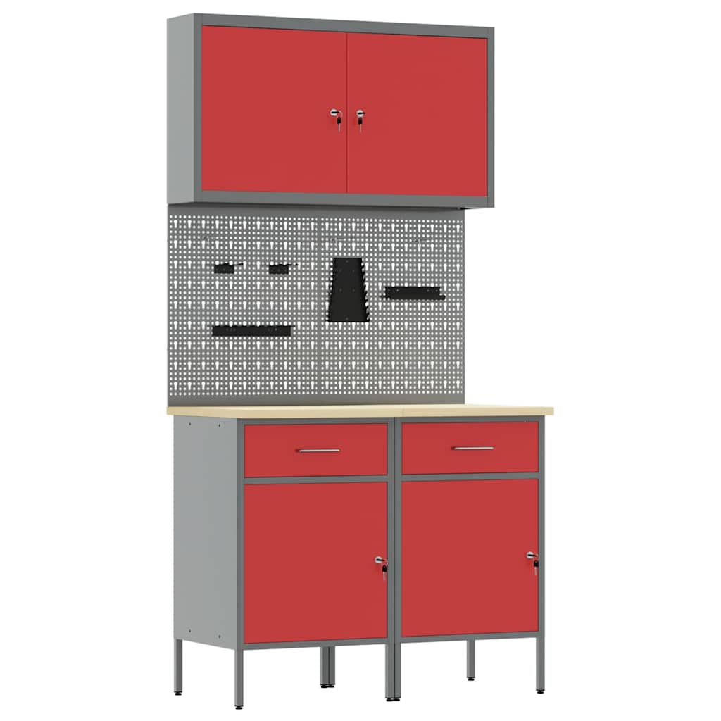 Work Cabinet with Drawer 5 pcs Red Engineered wood and steel